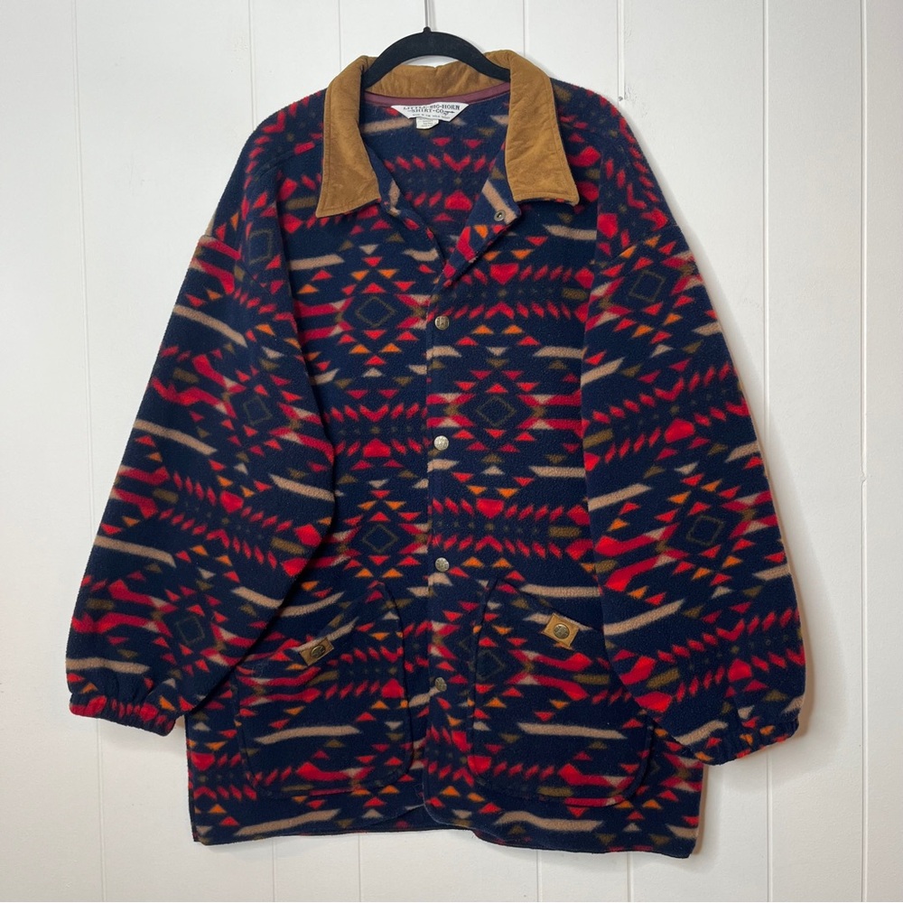 VTG Little Big Horn Fleece Shacket Snap Front Aztec Print Faux Suede Collar XL